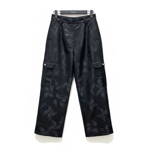 Scandinavian design black textured cropped ankle wide leg formal floral pants